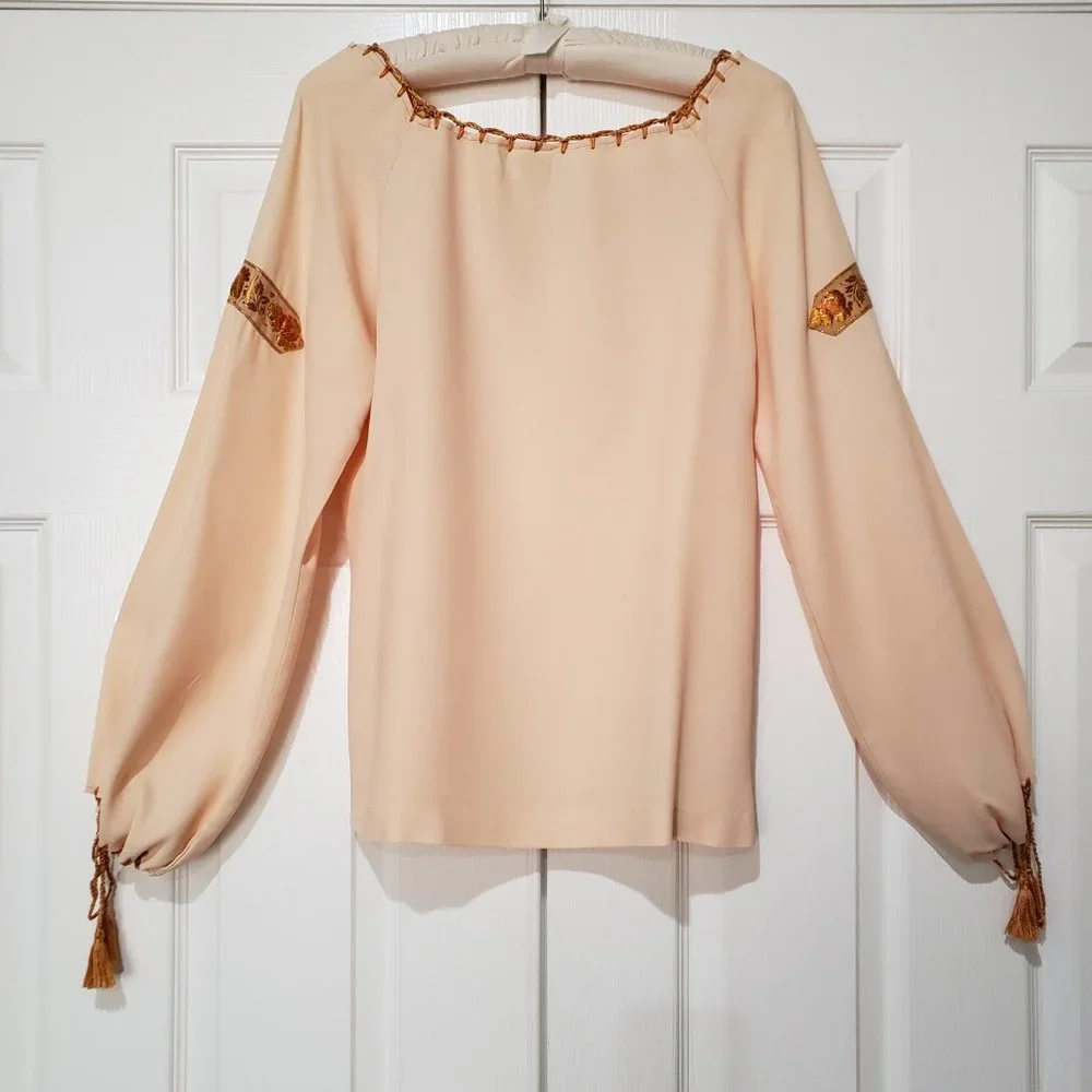 Vintage 1970s Peasant Shirt Gold Trim, Tassel Drawstrings, Small - Picture 6 of 8